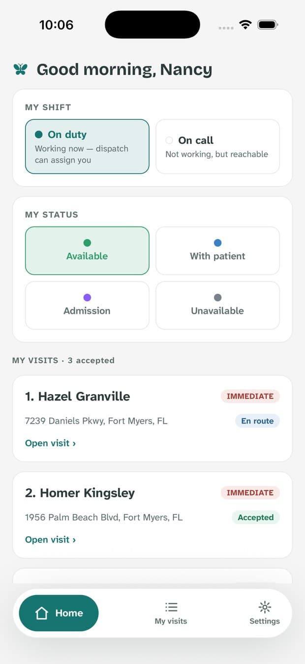 The nurse app home screen showing shift, status, and accepted visits.