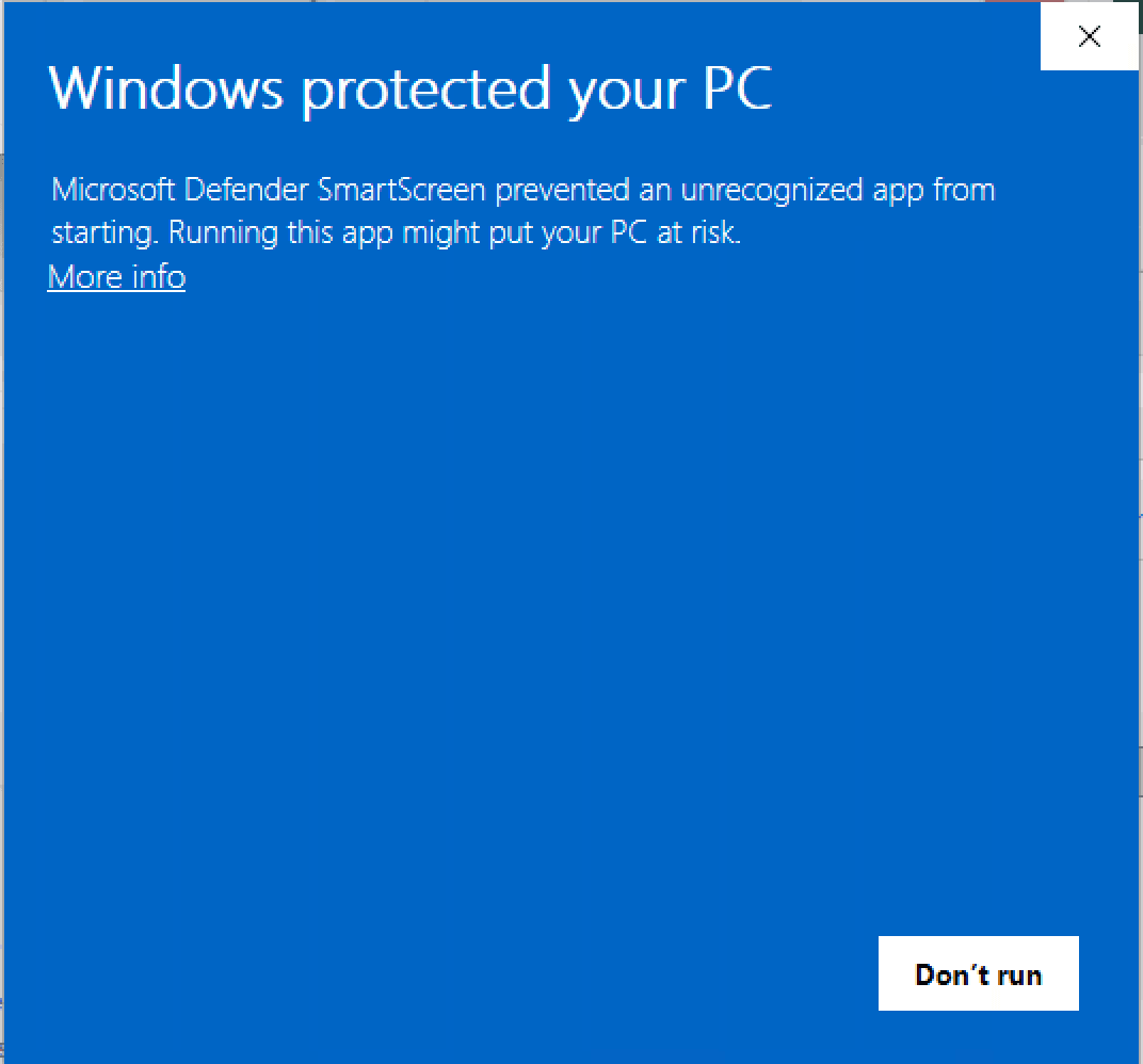 The Windows SmartScreen dialog; the "More info" link is below the message