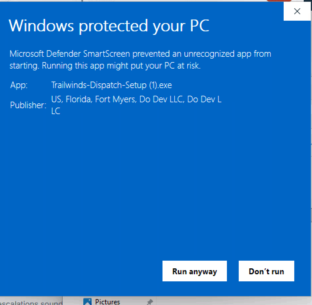 The SmartScreen dialog expanded, showing publisher Do Dev LLC and the "Run anyway" button
