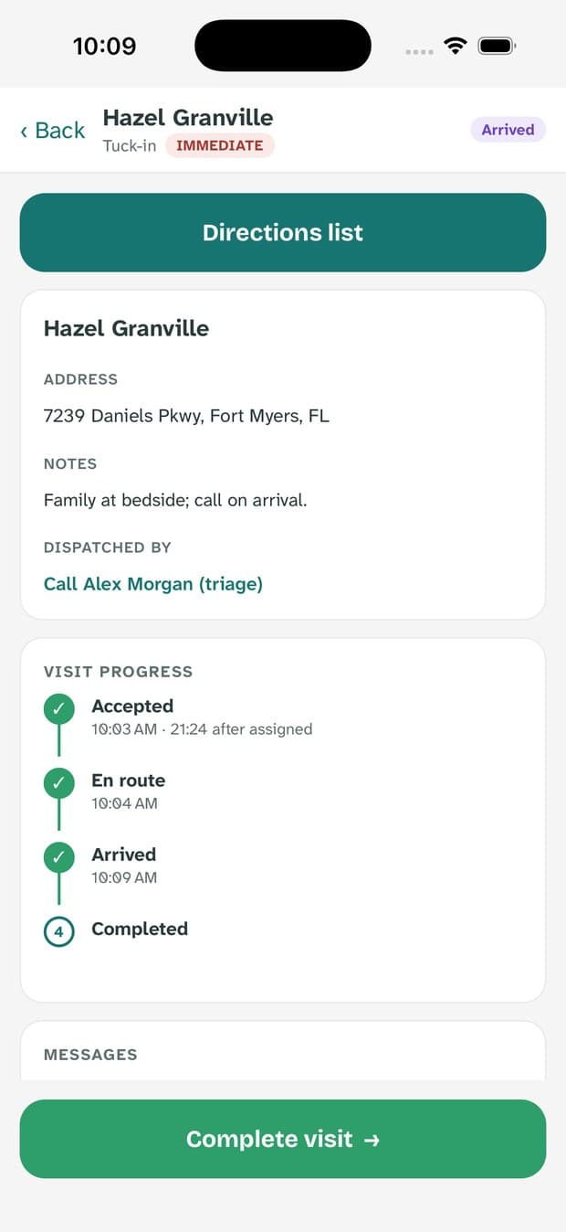 A visit in the arrived state with a completed timeline and a complete-visit button.
