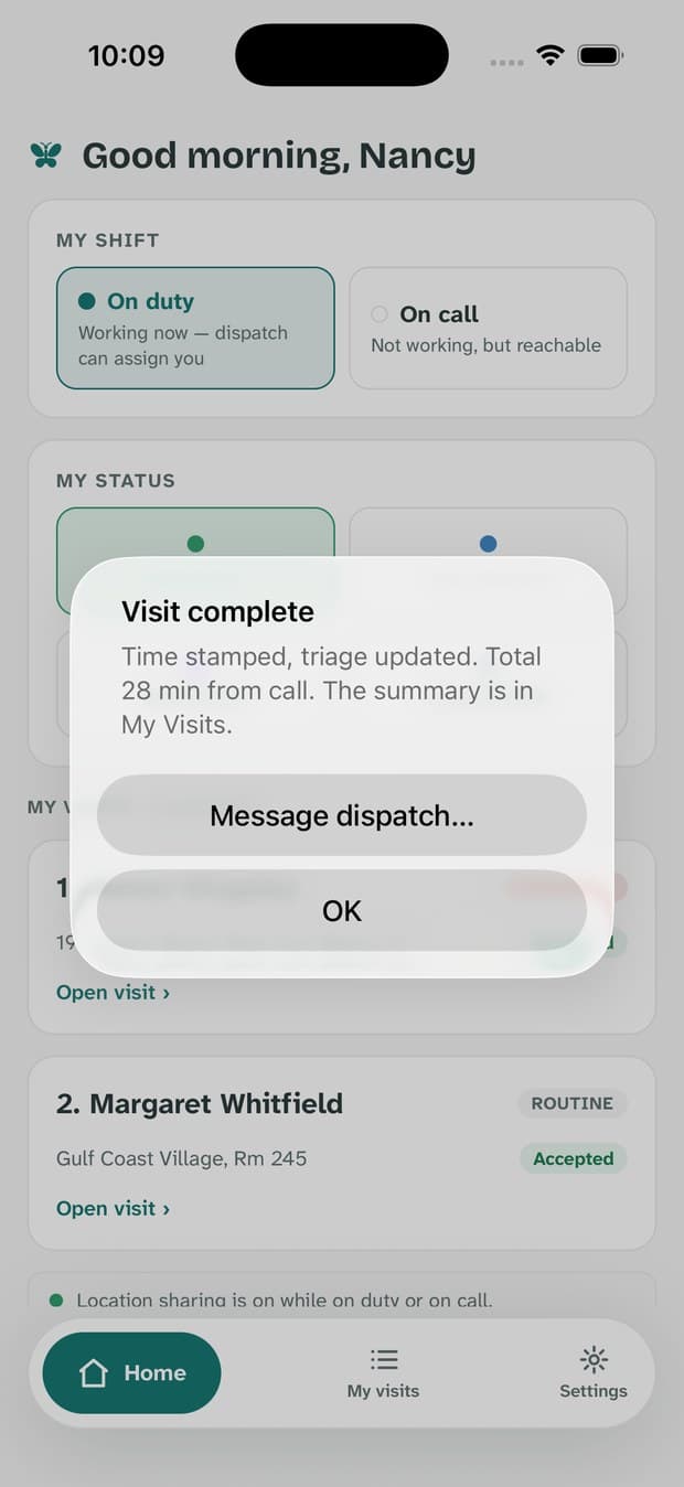 The visit complete confirmation offering to message dispatch.