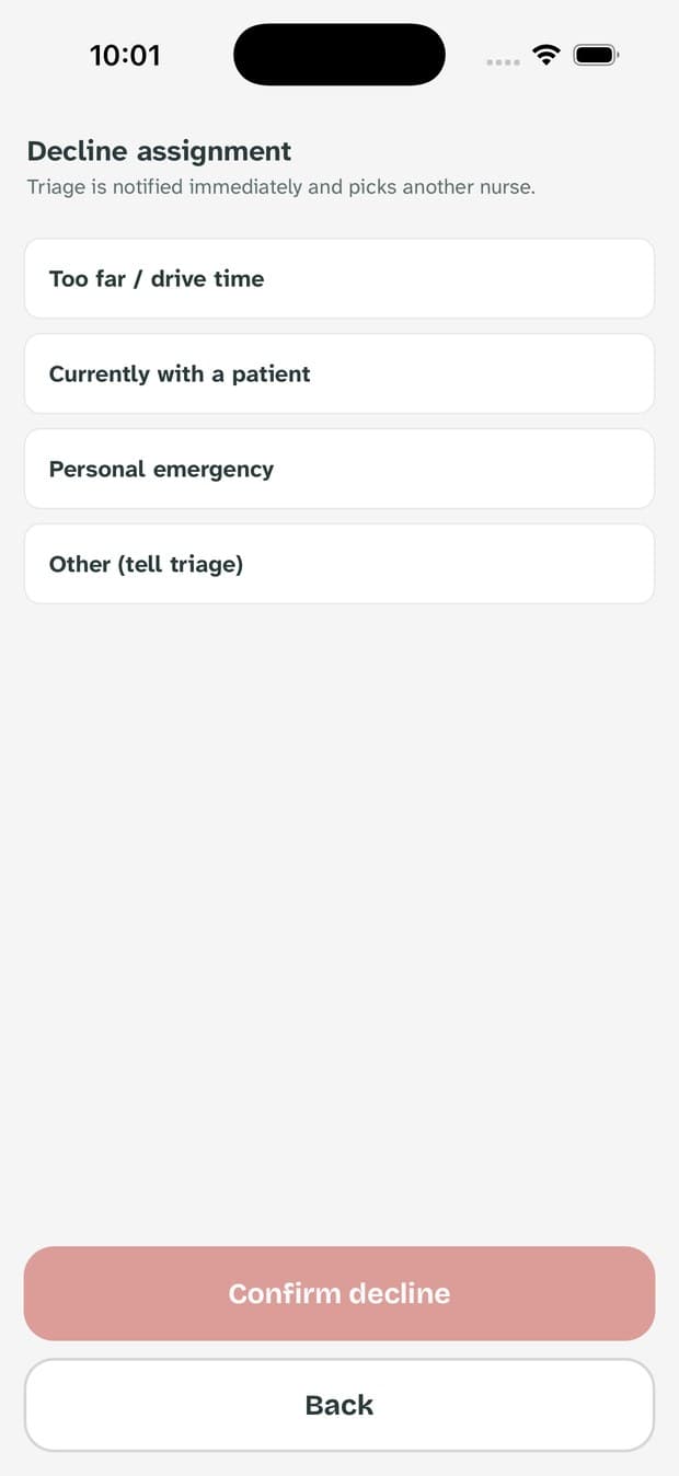 The decline screen with four reasons and a confirm button.