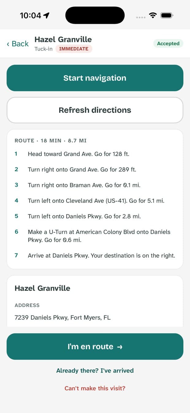 A route with distance, duration, and numbered turn instructions.
