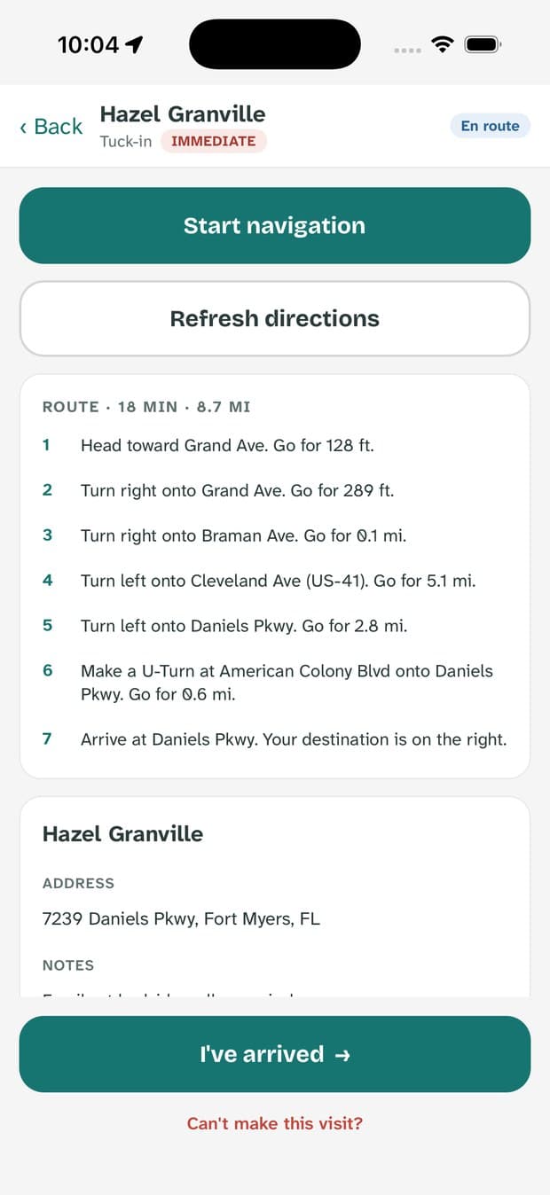 The visit screen in the en-route state with an I've arrived button.