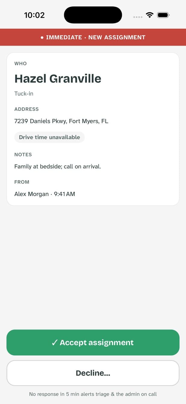 A full-screen incoming assignment marked immediate, with accept and decline buttons.