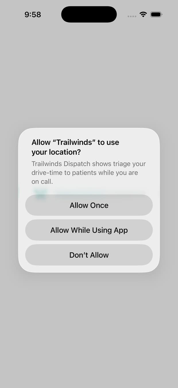 iOS asking to allow Trailwinds to use your location.