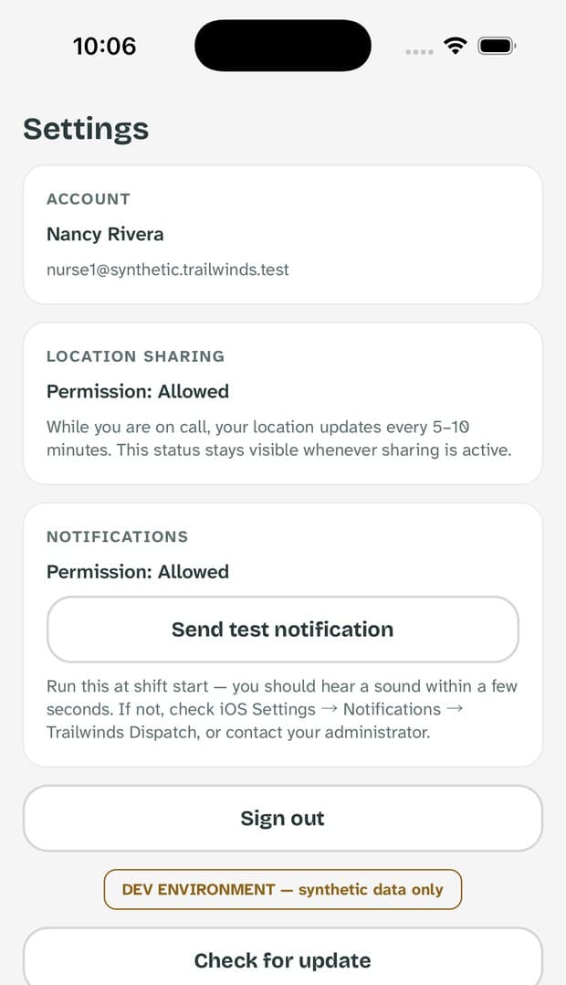 The app settings screen showing account, location sharing, and notification permissions.
