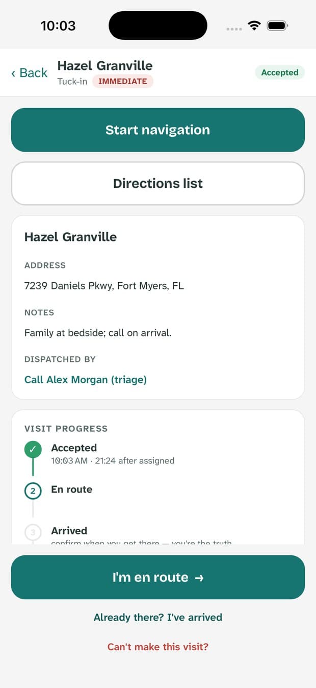 An accepted visit showing navigation buttons, patient card, and progress steps.