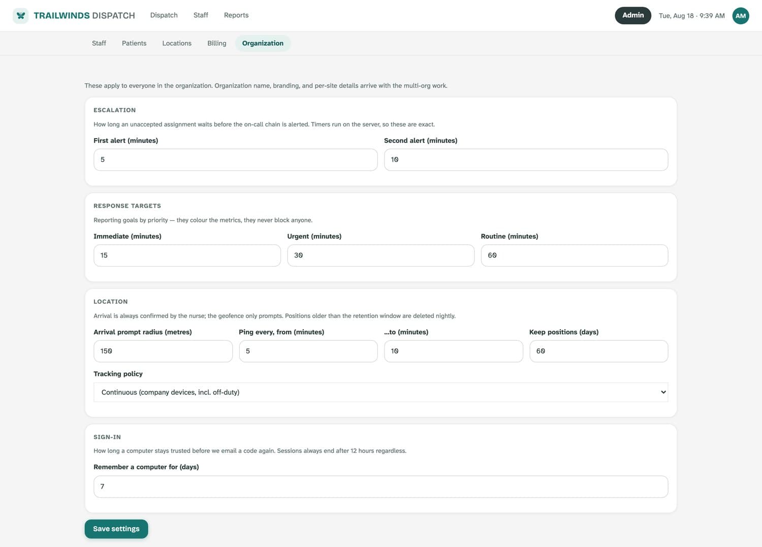 Organization settings: escalation minutes, response targets, location policy, sign-in.