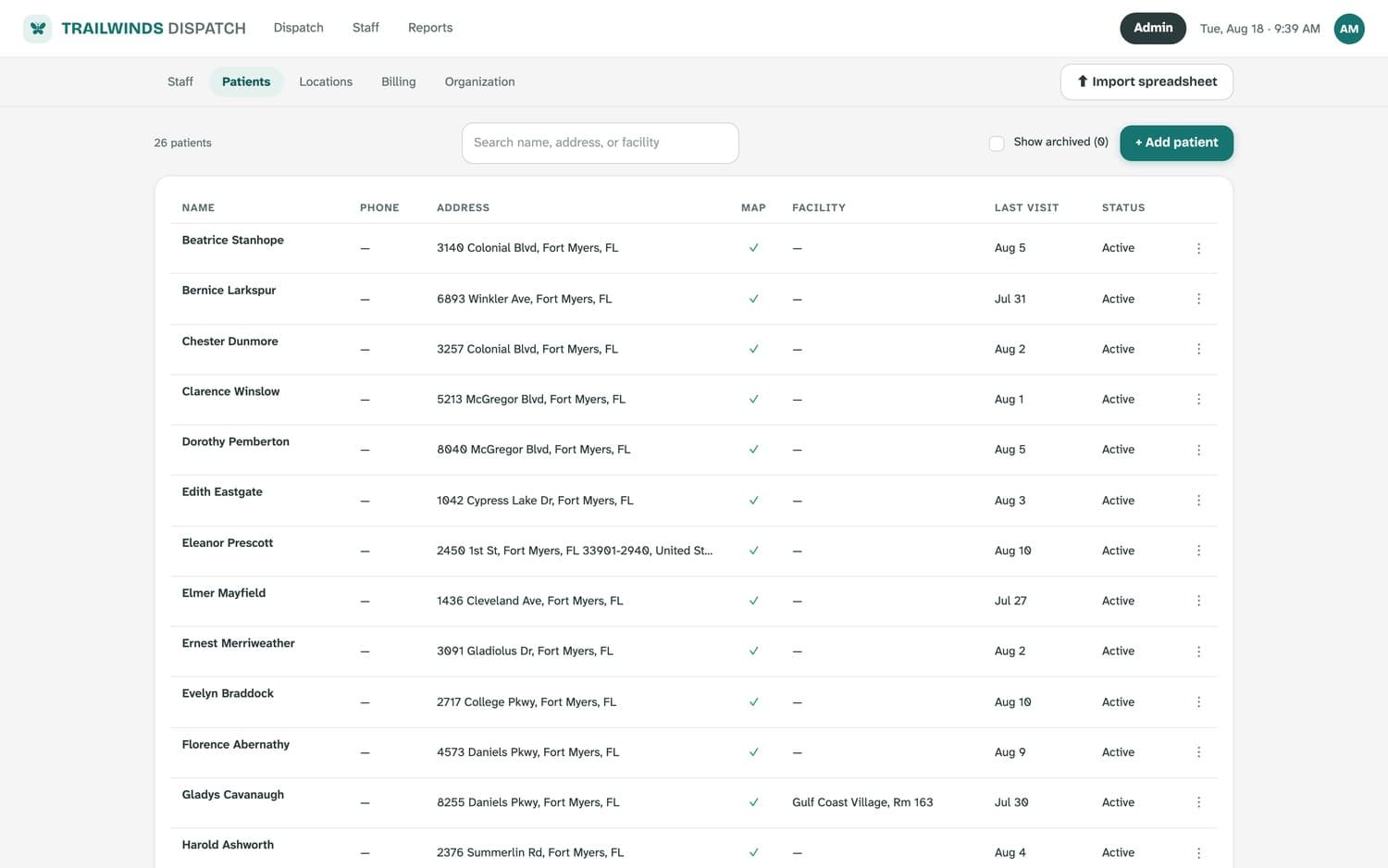 The patient list with addresses, verification ticks, and facility column.