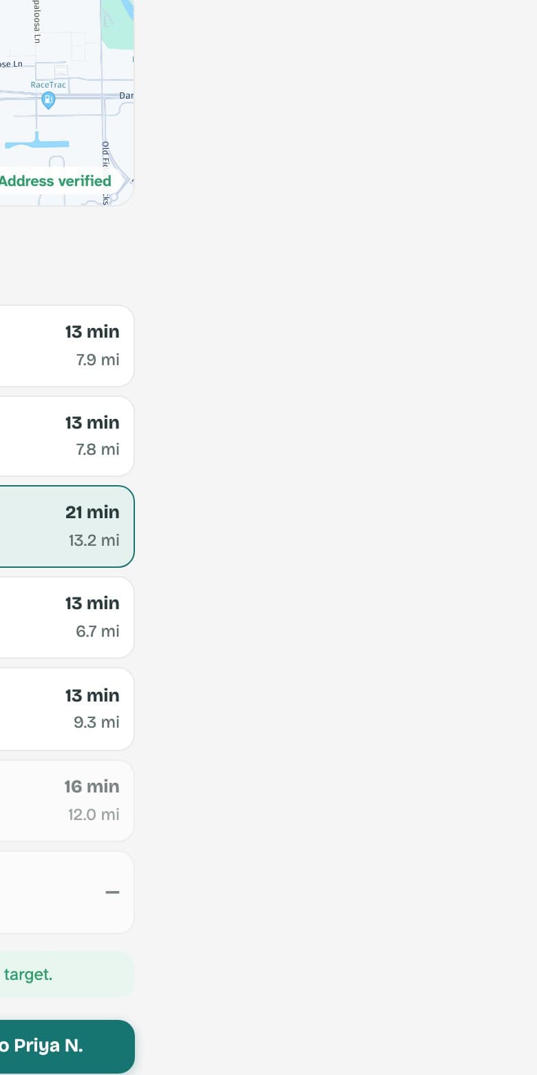 The nurse picker, listing nurses by drive time with duty chips.