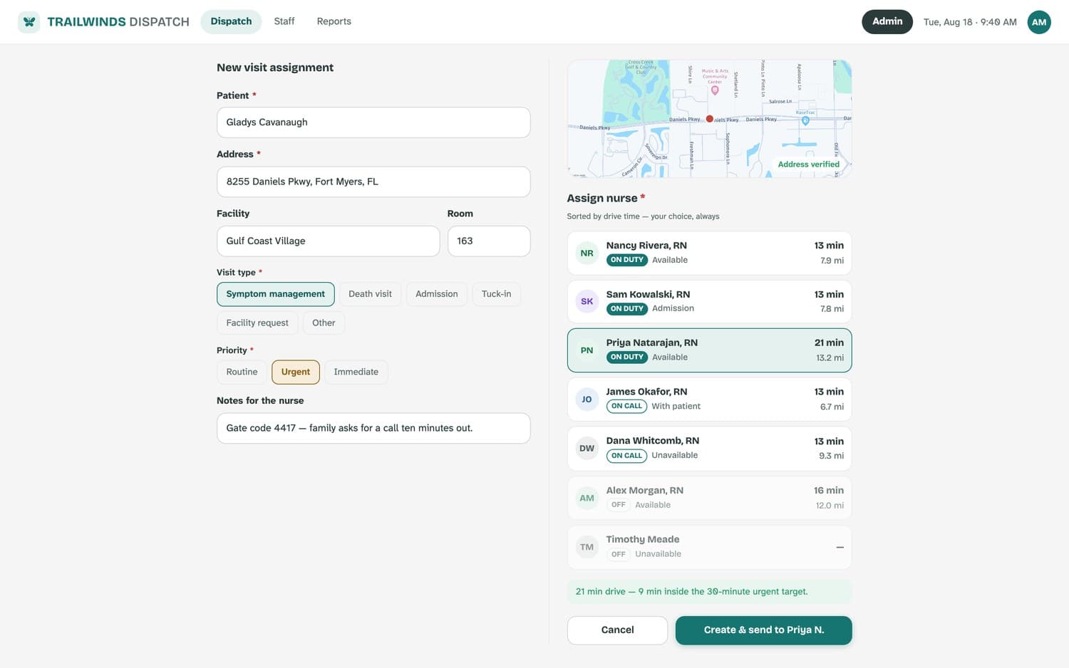A completed new-visit form with a verified address, chosen priority, and a selected nurse.