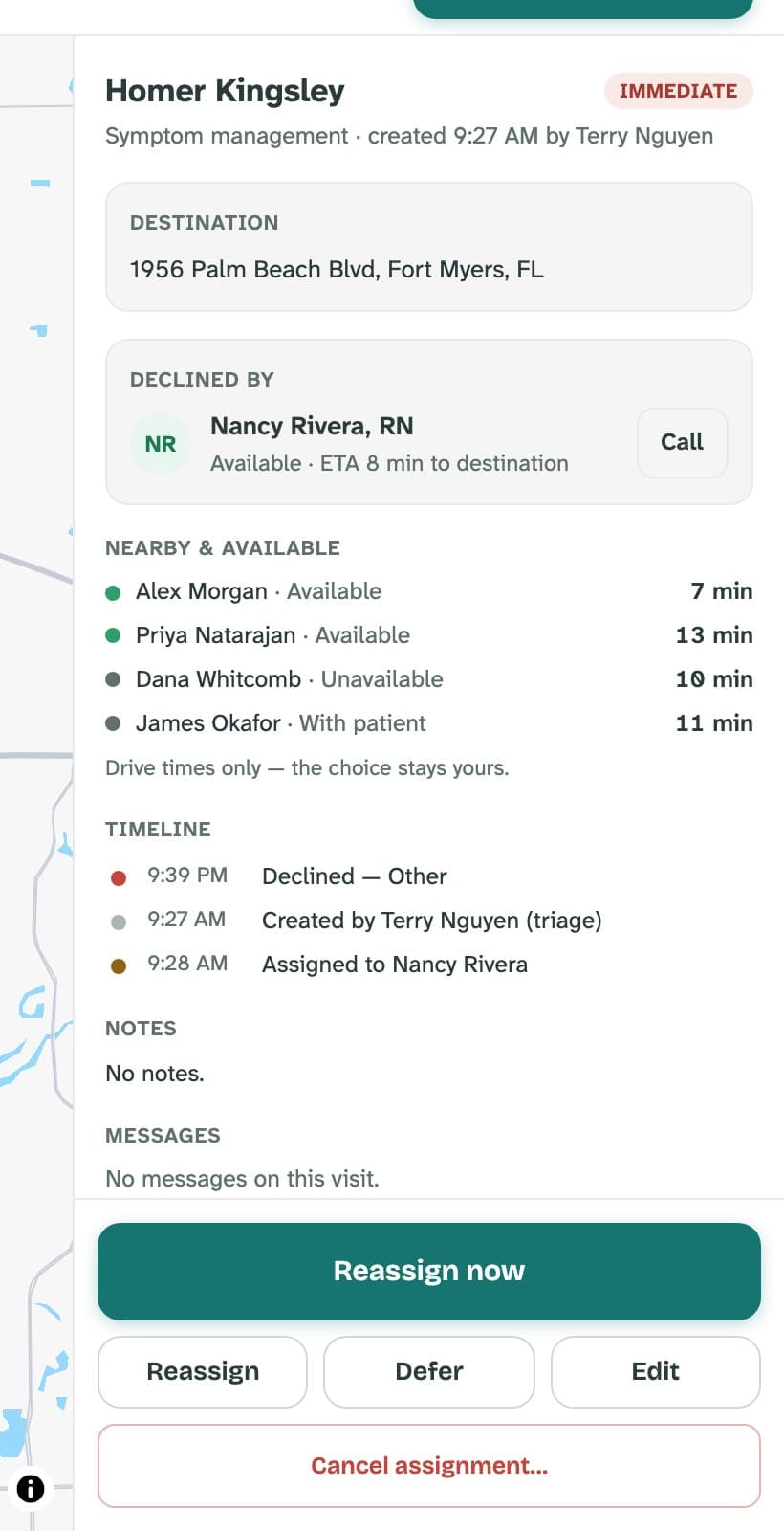 The detail panel for a declined visit, showing who declined, the reason, and nearby nurses.