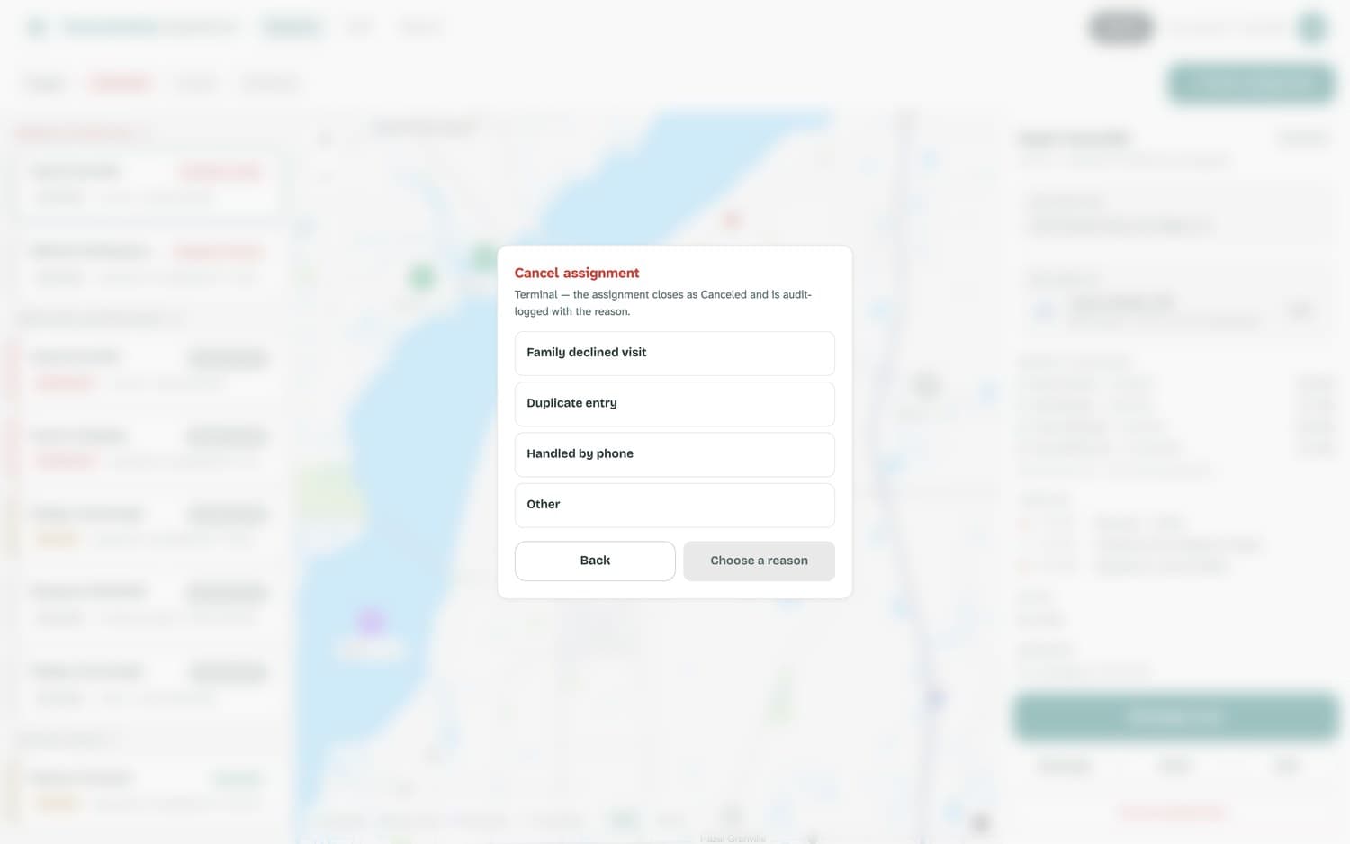 The cancel dialog with a list of reasons.