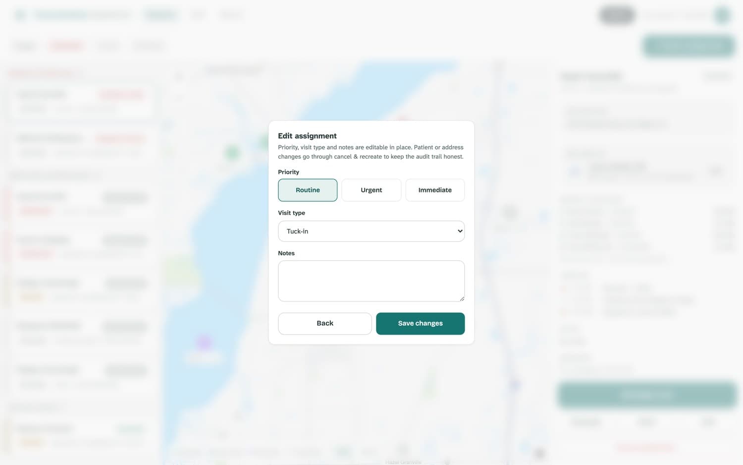 The edit dialog for priority, visit type, and notes.