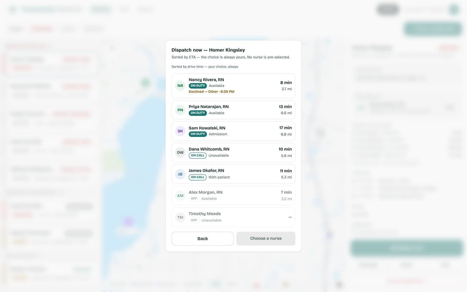 The reassign dialog listing nurses by estimated drive time.