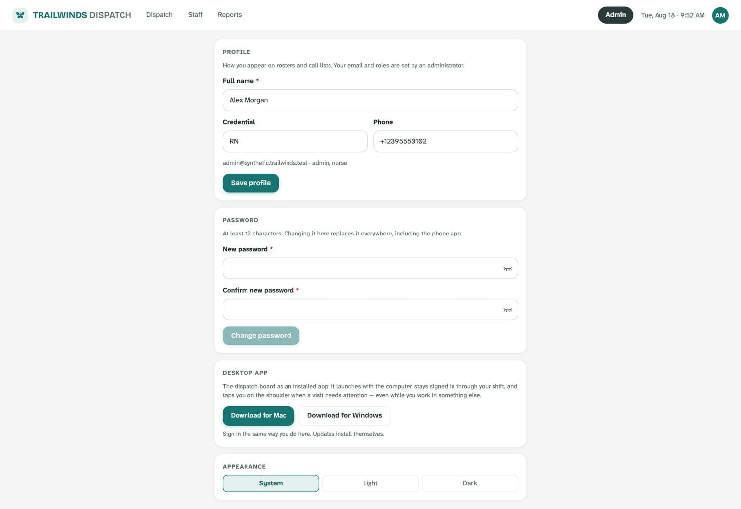 The my-settings page with profile, password, and appearance.