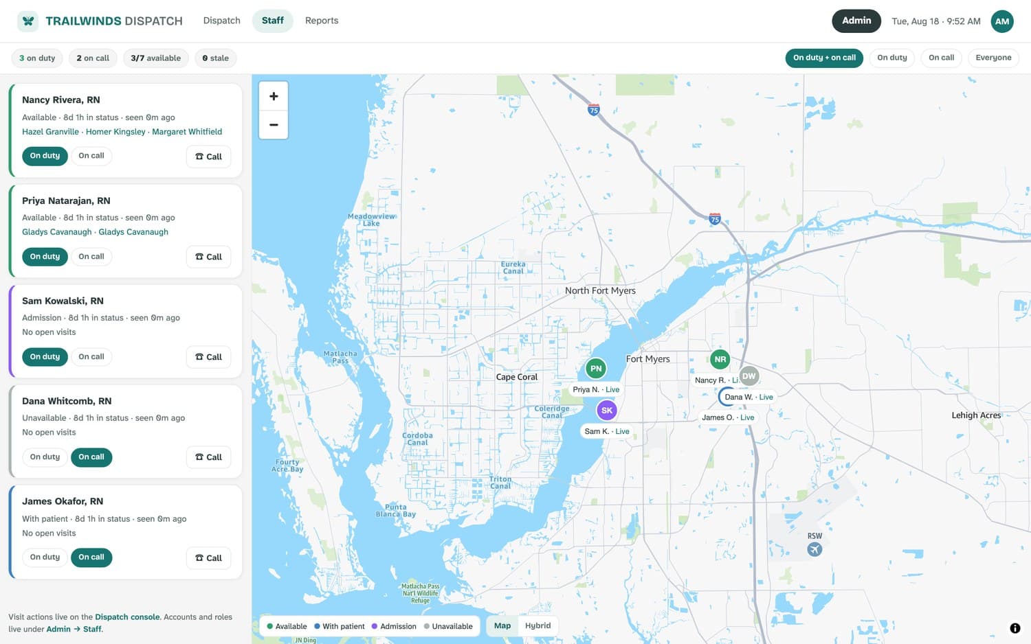 The staff board: roster cards on the left with duty toggles, live map on the right.